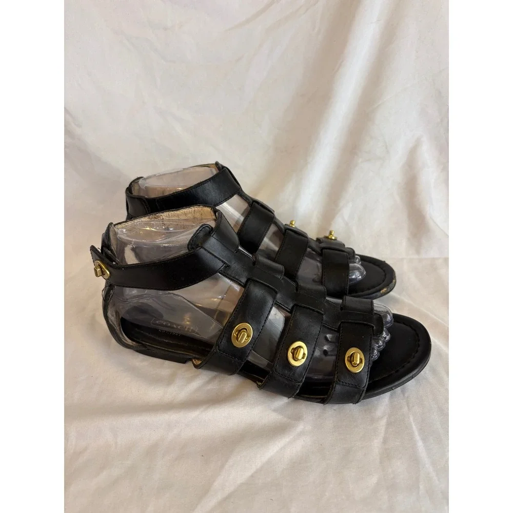 Coach Oleta Black Leather Turnlock Gladiator Sandals Womens 6.5B Q1394 F2370